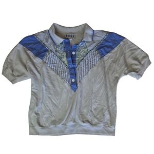 80s Vintage Teddi Womens Pullover Blouse Floral & Striped Accents Embroidered